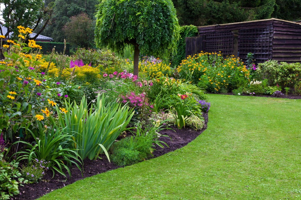 Green lawn in a colorful landscaped formal garden
