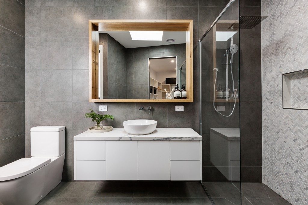 modern bathroom with hanging vanity