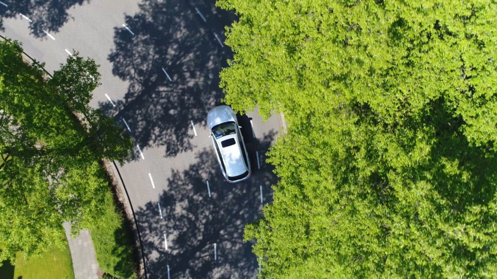 Car driving through the road in bird's eye view