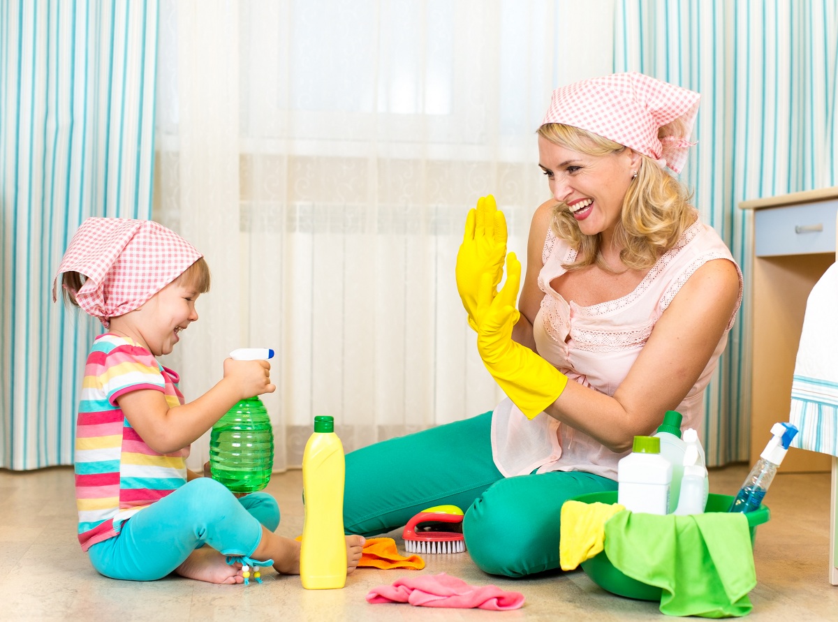 mom and daughter cleaning