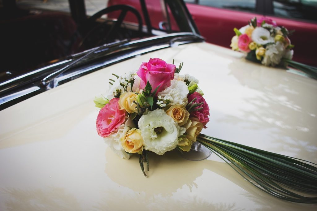 flowers on a bridal car