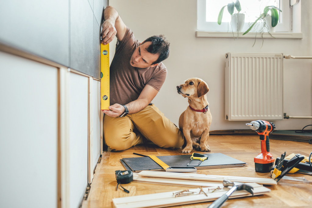 man doing DIY renovation with his dog